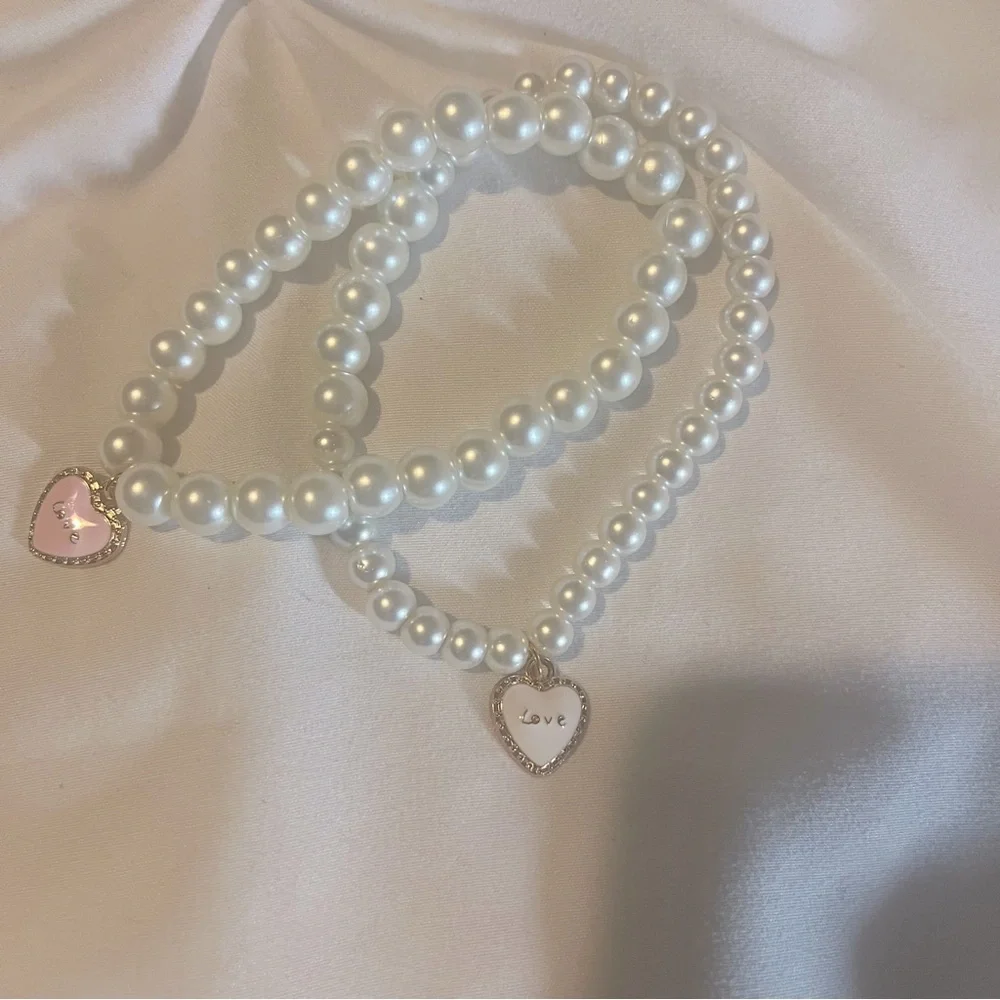 Pearl Stretch Charm Bracelets Handmade White Pink 2 - Picture 2 of 12